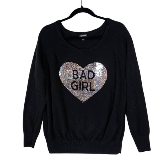 Torrid Women's Sequin Heart "Good Girl Bad Girl" Black Cotton Sweater 0X Lg | 12 - Picture 2 of 11